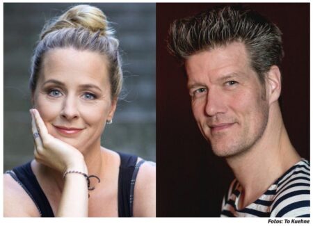 Bild von den zwei Künstler:innern Alison Rippier (links) und Matthias Keller (rechts), wie sie in die Kamera gucken und lächeln