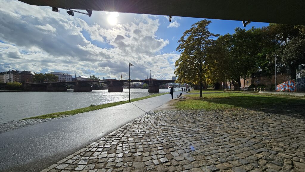 Blick auf eine Brücke, den Main, eine Grasfläche. Die Sonne scheint, ein paar Wolken sind am Himmel.